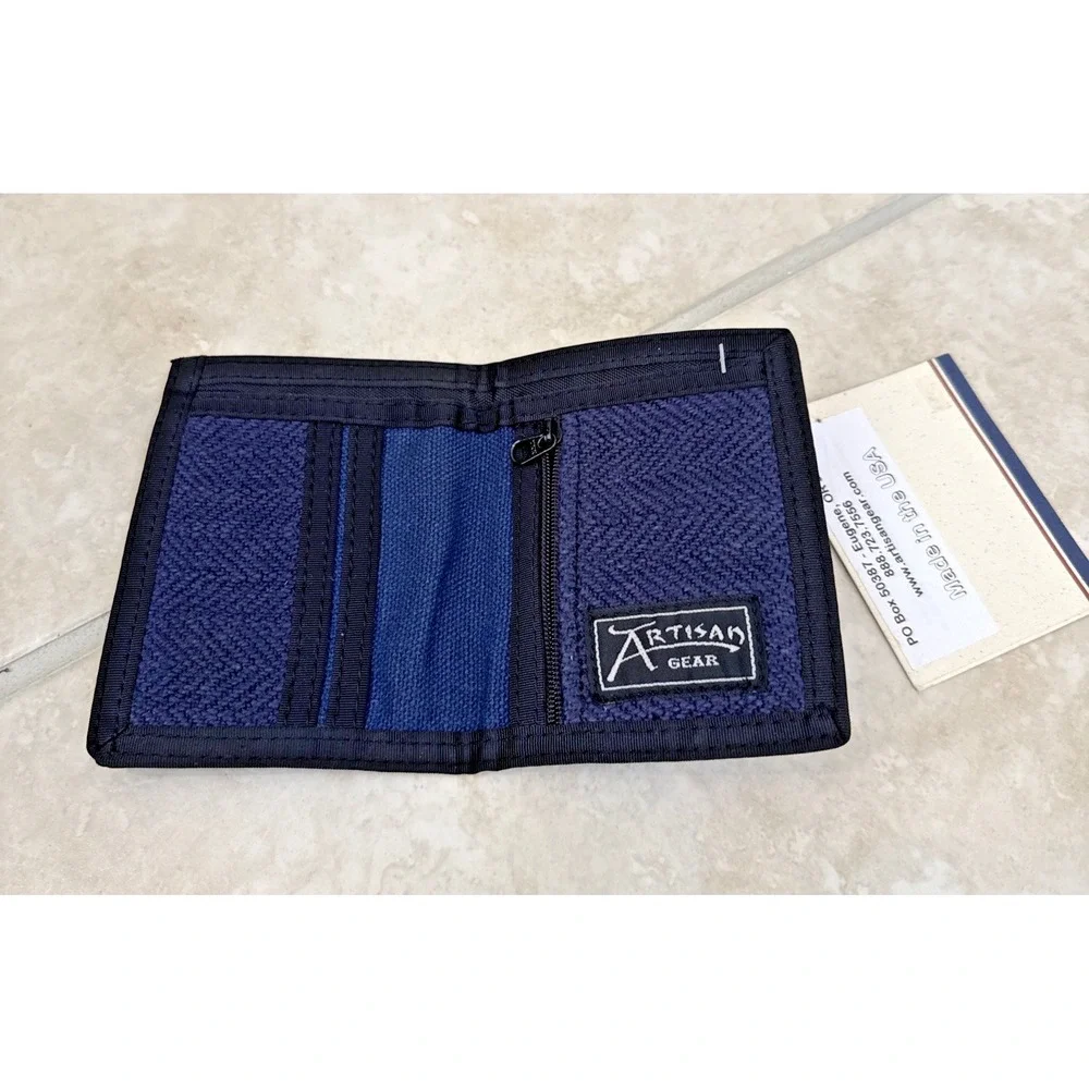 NWT Artisan Gear Hemp Blue Herringbone Wallet with Black Trim Zip Coin pocket